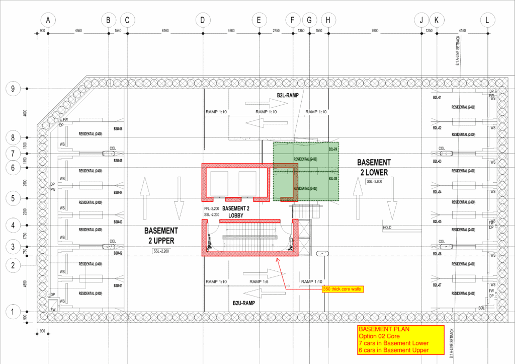 Detailed SEO-optimized basement parking and residential building blueprint for new business development.