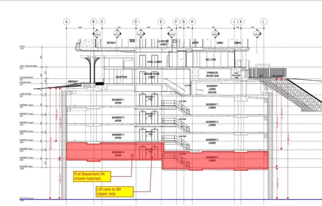 Blueprint of multi-level building with basement planning and construction details.